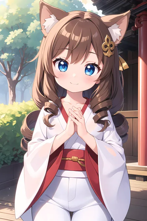 masterpiece, best quality, ultra detailed, anime style, 1girl, young, cute, hair ornament, brown hair, long hair, long sleeves, twin drills, red luxurious outfit, collarbone, own hands clasped, blush, ear covers, animal ears, blue eyes, white pants, japanese temple, outdoor, day, beautiful face, happy