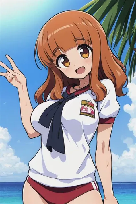 masterpiece, best quality, ultra detailed, anime style, soft light, wet, takebesaori,1girl, one hand behind the head pose, fringe hair,,big breasts, (nipples:0.5), gym uniform, tropical beach, warm,, looking at viewer, smile, open mouth, <lora:takebesaori-000001:0.7>