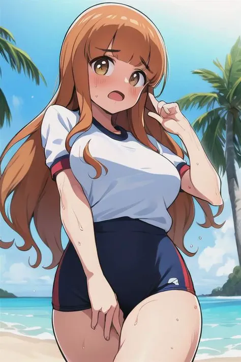 masterpiece, best quality, ultra detailed, soft light, wet, takebesaori,1girl, one hand behind the head pose, fringe hair,,middle breasts, gym uniform, transparent shirt, tropical beach, warm,, looking at viewer, face embarrassed, open mouth, <lora:takebesaori-000001:0.7>, walking,, under,
