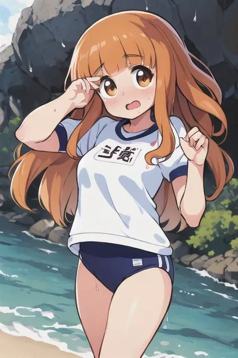 masterpiece, best quality, ultra detailed, soft light, wet, takebesaori,1girl, one hand behind the head pose, fringe hair,,middle breasts, gym uniform, transparent shirt, tropical beach, warm,, looking at viewer, face  embarrassed, open mouth, <lora:takebesaori-000001:0.7>, walking,, under,