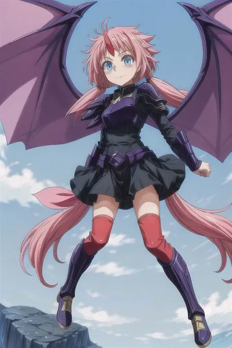 masterpiece, highres, (scenary:1.2), florest, river, Dynamic light, milim nava, 1girl,solo,long hair,looking at viewer,smile,blue eyes,skirt, closed mouth, full body, pink hair, dress, low twintails, dynamic angle, Sun light in the lens, Defined design, detailed eyes,
