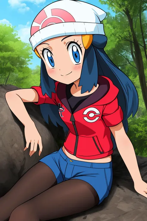 pkmndawn, 1girl, solo, blue eyes, blue hair, long hair, sidelocks, hairclip, beanie, white headwear,
red jacket, cropped jacket, short sleeves, blue shorts, short shorts, black pantyhose, legwear under shorts,
smile,closed mouth,cowboy shot,sitting,
forest,outdoor,
(insanely detailed, beautiful detailed face, masterpiece, best quality) cinematic lighting,<lora:PKMN_Dawn_Alternate_v1:1>, <lora:more_details:0.3>,