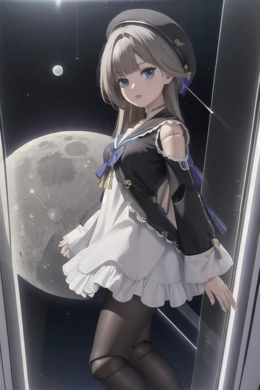 masterpiece, (Best quality), highres, (scenary:1.2), light, dynamic angle, photography, legwear,pantyhose, beret, dollgirl, dress, hertasr/(realistic/), indoor Spaceship, /view of earth to /(shiny glass), atmosphere, Moon,
