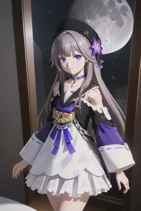 masterpiece, (Best quality), highres, (scenary:1.2), light, dynamic angle, photography, beret, herta/(realistic/), indoor Spaceship, /view of earth to /(shiny glass), atmosphere, Moon, hertadress, herta /(honkai star rail/), grey hair, long hair, purple eyes, doll joints, small breasts  , purple hair flower, single earring, choker, collarbone, long sleeves, purple ribbon, frills, white dress, ankle boots