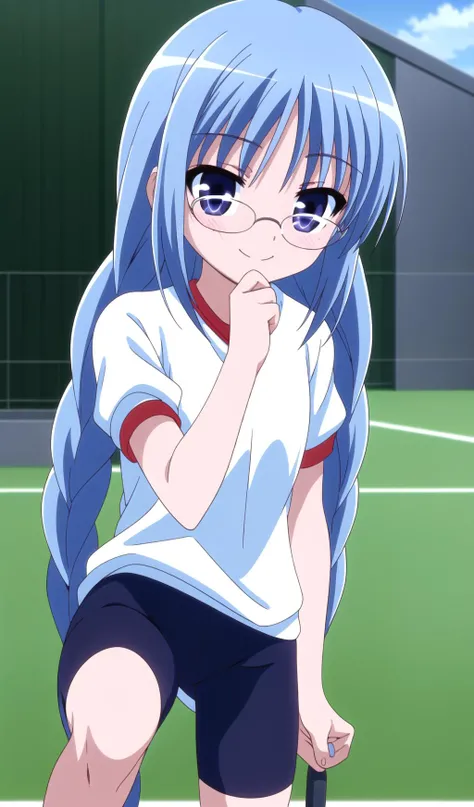 masterpiece,best quality,<lora:ro_kyu_bu_v6-000080:0.6>,nagatsuka saki, long hair, twin braids, glasses,closed mouth,gym uniform,black bike shorts,looking at viewer,smile,