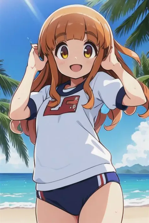 masterpiece, best quality, ultra detailed, anime style, soft light, wet, takebesaori,1girl, one hand behind the head pose, fringe hair,, gym uniform, tropical beach, warm,, looking at viewer, smile, open mouth, <lora:takebesaori-000001:0.7>