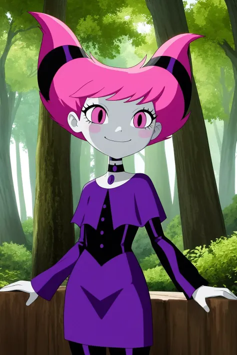 jinx, 1girl, solo, pink eyes, pink hair, short hair, short twintails, colored skin, pale skin, grey skin,
long sleeves, short dress, striped leggings, choker, striped, capelet,
smile,closed mouth,cowboy shot,upper body,
forest,outdoor,
(insanely detailed, beautiful detailed face, masterpiece, best quality) cinematic lighting,<lora:Jinx_v1:1>, <lora:more_details:0.3>,