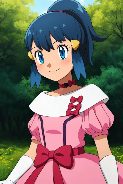 pkmndawn, 1girl, solo, blue eyes, blue hair, ponytail, sidelocks, bangs, hair ornament, hairclip, 
pink dress, short sleeves, puffy sleeves, sidelocks, choker, red bow, white gloves, 
smile,closed mouth,cowboy shot,
forest,outdoor,
(insanely detailed, beautiful detailed face, masterpiece, best quality) cinematic lighting,<lora:PKMN_Dawn_Pink_Contest_Dress_v1:1>, <lora:more_details:0.3>,