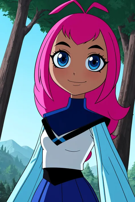 kole, 1girl, solo, blue eyes, pink hair, long hair, dark skin, dark-skinned female, antenna hair,
blue skirt, pleated skirt, bodysuit, long sleeves,
smile,closed mouth,cowboy shot,upper body,
forest,outdoor,
(insanely detailed, beautiful detailed face, masterpiece, best quality) cinematic lighting,<lora:Kole_v2:1>, <lora:more_details:0.3>,