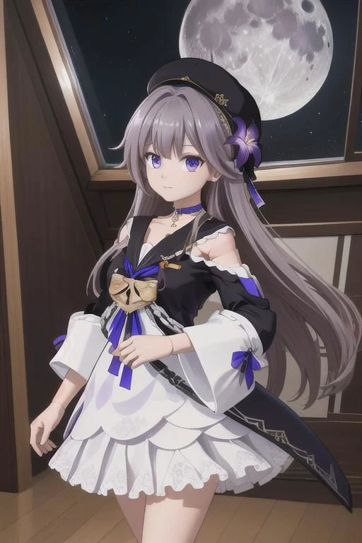 masterpiece, (Best quality), highres, (scenary:1.2), light, dynamic angle, photography, beret, herta/(realistic/), indoor Spaceship, /view of earth to /(shiny glass), atmosphere, Moon, hertadress, herta /(honkai star rail/), grey hair, long hair, purple eyes, doll joints, small breasts , purple hair flower, single earring, choker, collarbone, long sleeves, purple ribbon, frills, white dress, ankle boots