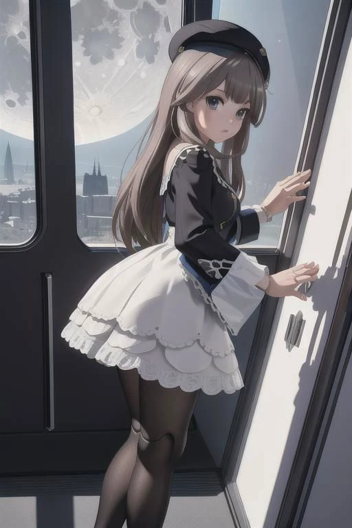 masterpiece, (Best quality), highres, (scenary:1.2), light, dynamic angle, photography, legwear,pantyhose, beret, dollgirl, dress, hertasr/(realistic/), indoor Spaceship, /view of earth to /(shiny glass), atmosphere, Moon,