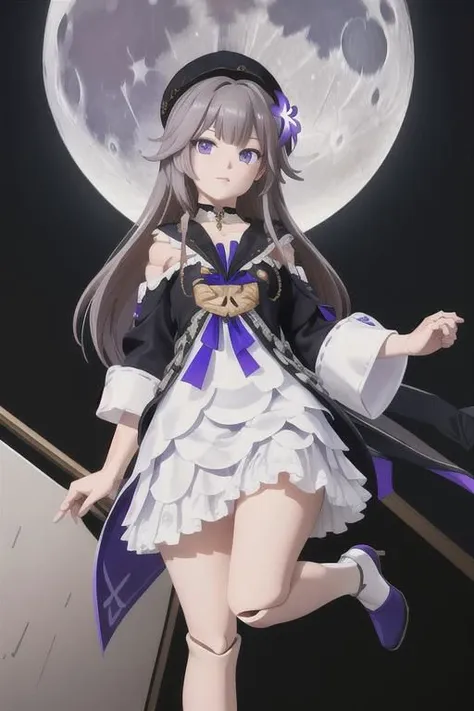 masterpiece, (Best quality), highres, (scenary:1.2), light, dynamic angle, photography, beret, herta/(realistic/), indoor Spaceship, /view of earth to /(shiny glass), atmosphere, Moon, hertadress, herta /(honkai star rail/), grey hair, long hair, purple eyes, doll joints, small breasts  , purple hair flower, single earring, choker, collarbone, long sleeves, purple ribbon, frills, white dress, ankle boots