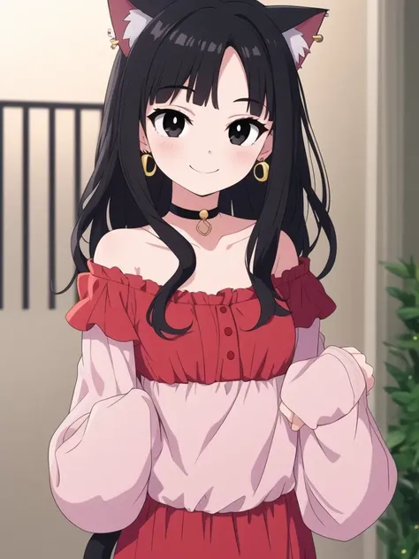 1girl, solo, HQ, black eyes, black hair, cat girl, cat eye, choker, closed mouth, collarbone, dress, earrings, jewelry, long sleeves, medium hair, smile, upper body,