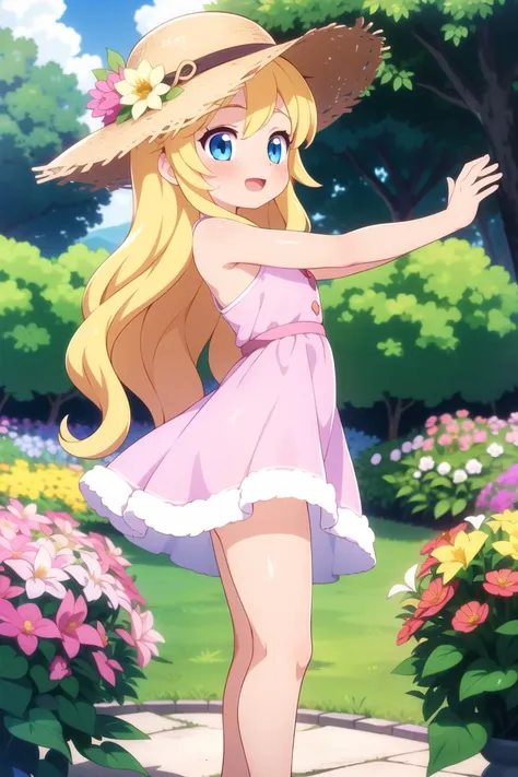 masterpiece, best quality, ultra detailed, anime style, 1girl, young, cute, (oily skin), (shiny skin), (skinny, lean, thin legs), long wavy hair, blond hair, blue eyes, pink dress, straw hat, garden, colorful flowers, dancing, warm, beautiful face, happy, pov from side, <lora:BlueSenpai_SP:1.0>