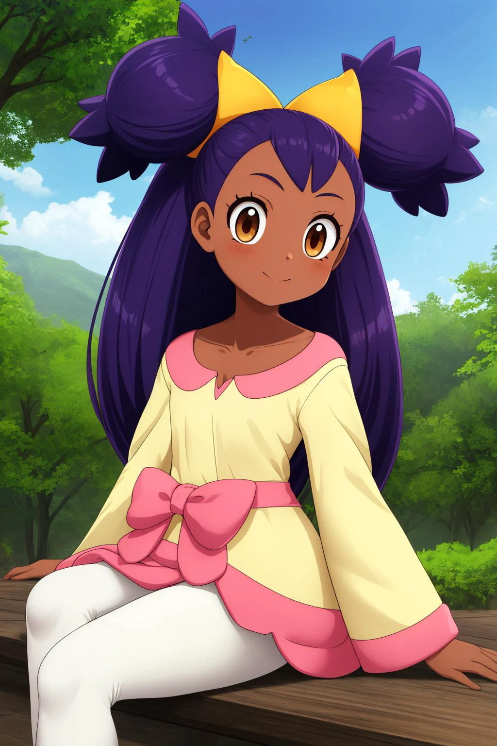 pkmniris, 1girl, solo, brown eyes, purple hair, very long hair, big hair, low-tied long hair, bangs, two side up, hair tie, dark skin, dark-skinned female,
yellow shirt, long sleeves, wide sleeves, white pants, leggings, capri pants, pink skirt, pink bow, waist bow,
smile,closed mouth,cowboy shot,sitting,
forest,outdoor,
(insanely detailed, beautiful detailed face, masterpiece, best quality) cinematic lighting,<lora:PKMN_Iris_v1:1>, <lora:more_details:0.3>,