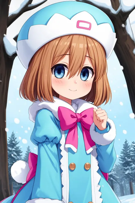 rom, 1girl, solo, blue eyes, short hair, brown hair, hair between eyes, bangs,
blue coat, long sleeves, pink bow, puffy sleeves, juliet sleeves, white pantyhose, fur-trimmed sleeves, fur-trimmed coat, blue hat,
smile,closed mouth,cowboy shot,upper body,
forest,outdoor,snow,
(insanely detailed, beautiful detailed face, masterpiece, best quality) cinematic lighting,<lora:Rom_v1:1>, <lora:more_details:0.3>,