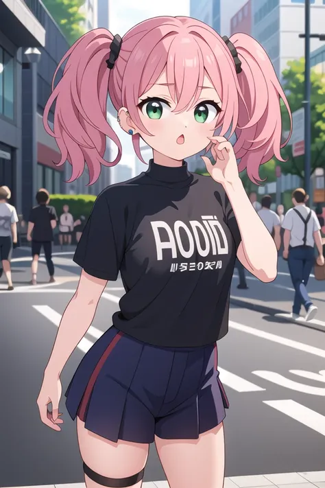 <lora:chestnutmouth_v100:1>
<lora:hyperrefiner_v090:1>
insanely detailed, absurdres, ultra-highres, ultra-detailed, best quality,
1girl, solo, nice hands, perfect hands
BREAK
skirt, solo, twintails, v, socks, shirt, black skirt, thigh strap, long hair, black shirt, standing, looking at viewer, black socks, boots, bangs, jewelry, pleated skirt, piercing, ear piercing, cross, black eyes, short sleeves, earrings
BREAK
(nsfw:-1.5)
BREAK
expressionless, open mouth
BREAK
standing, cowboy shot, looking at viewer
BREAK
slender, kawaii, perfect symmetrical face, ultra cute girl, ultra cute face, ultra detailed eyes, ultra detailed hair, ultra cute, ultra beautiful
BREAK
in street, cityscape in harajuku, depth of field, ultra detailed background
BREAK
medium breasts
BREAK
pink hair, dark green eyes, afro puffs, hair between eyes