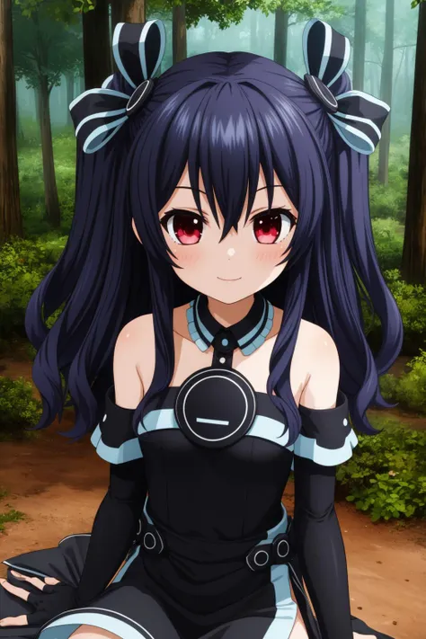 uni, 1girl, solo, red eyes, black hair, long hair, two side up, hair between eyes, hair ribbon,
black dress, sleeveless dress, ribbon, bare shoulders, black gloves, elbow gloves, fingerless gloves,
smile,closed mouth,cowboy shot, upper body, sitting,
forest,outdoor,
(insanely detailed, beautiful detailed face, masterpiece, best quality) cinematic lighting,<lora:Uni_v1:1>, <lora:more_details:0.3>,