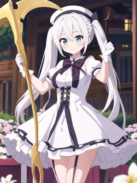 1girl, solo, HQ, braid, medium breasts, dress, flower, garter straps, gloves, hair between eyes, hat, holding scythe, juliet sleeves, long hair, long sleeves, medium breasts, outdoors, puffy sleeves, short sleeves, smile, standing, standing, striped gloves, twintails, white dress, white flower, white gloves, white hair, white headwear,
