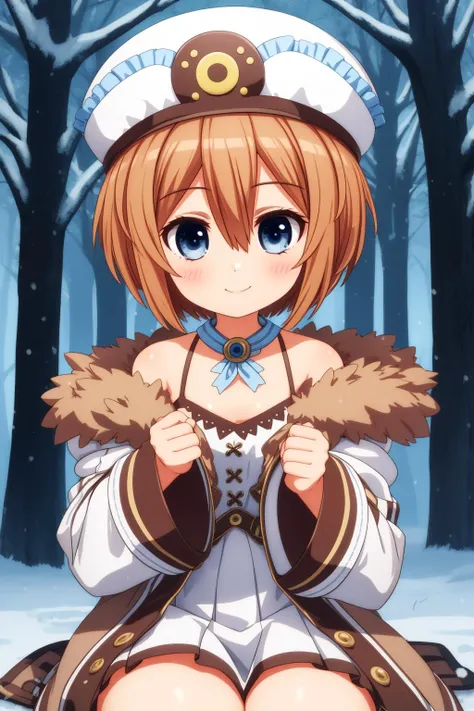 blanc, 1girl, solo, blue eyes, brown hair, hair between eyes, short hair,
white dress, short dress, spaghetti strap, white coat, fur-trimmed coat, very long sleeves, wide sleeves, frilled hat, white headwear,
smile,closed mouth, cowboy shot,upper body,sitting
forest,outdoor,snow,
(insanely detailed, beautiful detailed face, masterpiece, best quality) cinematic lighting,<lora:Blanc_v1:1>, <lora:more_details:0.3>,