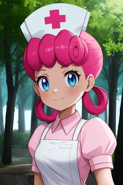 pkmnnersejoy, 1girl, solo, blue eyes, pink hair, bangs, hair rings,
collared dress, short sleeves, puffy sleeves, pink dress, nurse cap, white headwear,
evil smile,closed mouth,cowboy shot,upper body,
forest,outdoor,
(insanely detailed, beautiful detailed face, masterpiece, best quality) cinematic lighting,<lora:PKMN_Nurse_Joy_v1:1>, <lora:more_details:0.3>,