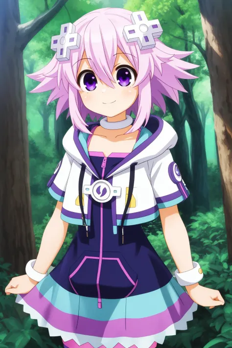 neptune, 1girl, solo, purple eyes, purple hair, short hair, hair between eyes, d-pad hair ornament,
striped thighhighs, dress, white choker, short sleeves, cropped jacket, hood,
smile,closed mouth,cowboy shot,upper body,
forest,outdoor,
(insanely detailed, beautiful detailed face, masterpiece, best quality) cinematic lighting,<lora:Neptune_v1:1>, <lora:more_details:0.3>,