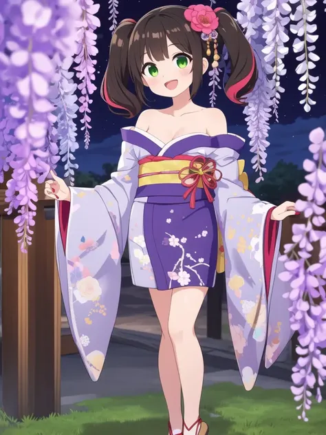 1girl, solo, HQ, :d, black hair, bow, brown hair, collarbone, knee shot, flower, green eyes, hair flower, hair ornament, hand up, japanese clothes, kimono, long sleeves, multicolored hair, night, off shoulder, off shoulder, official alternate costume, open mouth, outdoors, pink kimono, purple bow, red nails, smile, standing, standing, twintails, two-tone hair, wide sleeves, wisteria,