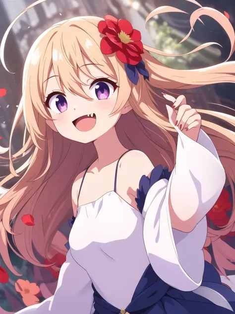 1girl, solo, HQ, :d, bare shoulders, collarbone, dress, fang, fingernails, floating hair, flower, hair between eyes, hair flower, hair ornament, hand up, long hair, open mouth, red flower, sleeveless dress, smile, upper body, very long hair, wide sleeves,
