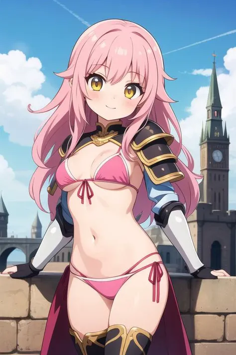 masterpiece, best quality, ultra detailed, anime style, 1girl, long hair, pink hair, yellow eyes, bikini armor, medieval castle, warm, beautiful face, happy, cowboy shot