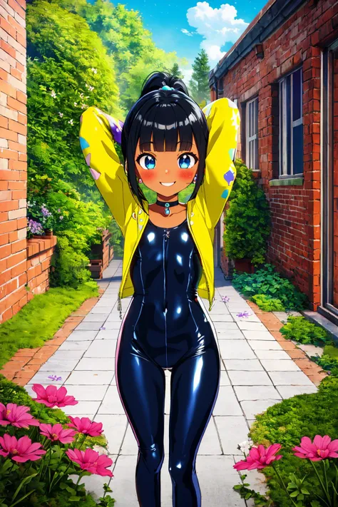 masterpiece, ultra-detailed, best quality, illustration, 8k cg wallpaper, an extremely delicate and beautiful, 1girl, solo, arms up, hands behind head, perfect anatomy, dark skin, cute face, smiling, strongly blushing, sparkling eyes, dark blue eyes, beautiful detailed eyes, black hair, long hair, blunt bangs, high ponytail, cute hair accessories, cute earrings, cute choker, slim body, small breasts, latex bodysuit, skintight bodysuit, shiny bodysuit, long-sleeved bodysuit, multicolored bodysuit, perfect arms, cute arm accessories, cute belt, perfect legs, cute, pretty, beautiful, sexy, perfect body, (background: outside of a small rural one-story office building, freshly-painted pavement, well-manicured grass, colorful flowers, bright colors, intricately detailed items in background), <lora:Unravel:1>