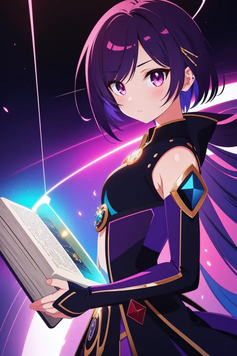 1girl, (stylized by Takasaki Masaharu:1.3) , anime art, masterwork On pale black paper, award winning, two shot angle of a Callous Small ("The Book of Embellishment":1.3) , behance, spring city and Nebula in background, Fall, shallow depth of field, Graphic novel, Dark and Gritty, Atompunk, dramatic lighting, Fish-eye Lens, Cathode tube, (electric purple and dark red:0.7) , gilded technique, masterpiece, artstation, asymmetrical, cinematic