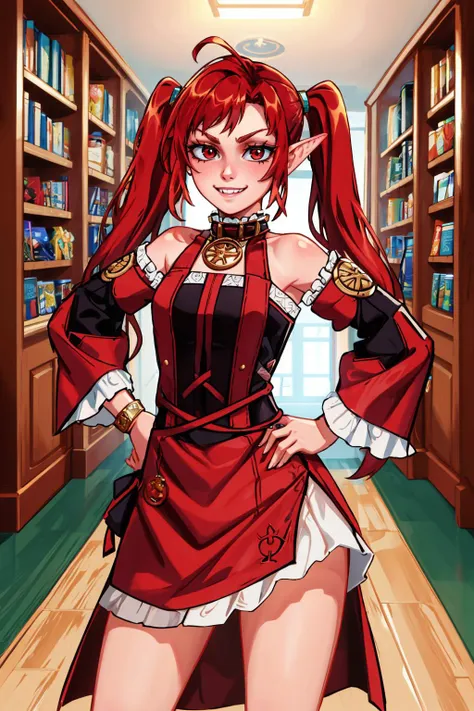 masterpiece, best quality,  <lora:dnfbattlemage-nvwls-v1-000009:1> dnfbattlemage, twintails, black and red dress, detached sleeves, red skirt, grin, furrowed brow, hands on hips, hallway, bookshelf, looking at viewer