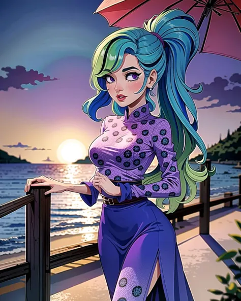 ((masterpiece), best quality, high quality, professional quality , highly detailed, highres, perfect lighting, natural lighting),, (1girl, beautiful, medium breasts, (multicolored hair, green hair,blue hair,purple hair, long hair, high ponytail), perfecteyes eyes), (wearing cheetah print|slow flake print, extremelyBeautiful_beautifulclotheswild/Extremely beautiful clothes), on the beach, walking the boardwalk, <lyco:locon_perfecteyes_v1_from_v1_64_32:0.6>