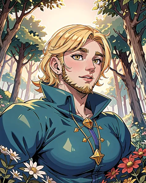 ((masterpiece), best quality, high quality, professional quality, highly detailed, highres, perfect lighting, natural lighting), Thief, Master, Tall, Chubby, Square Face, Fair Skin, Golden Blonde Hair, amber Eyes, Wide Nose, Thin Lips, Sharp Chin, Full Beard, Crew Cut, Side Part, An enchanted meadow, with colorful flowers and magical creatures roaming free