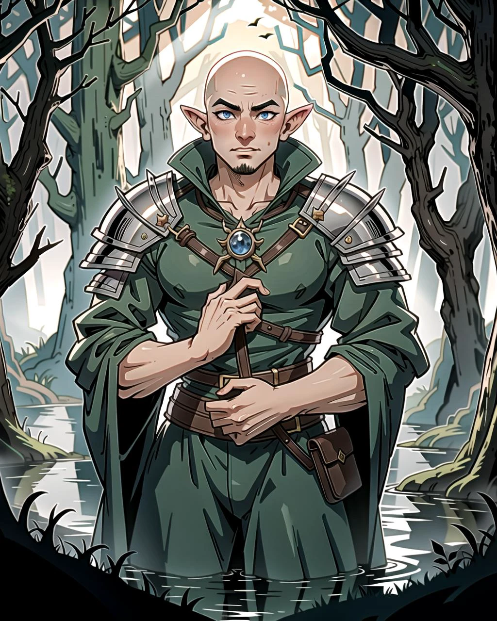 ((masterpiece), best quality, high quality, professional quality, highly detailed, highres, perfect lighting, natural lighting), middle earth, Sorcerer casting bolts of lightning from their fingertips, Knight, Average Height, Muscular, Round Face, Fair Skin, Silver Hair, Sapphire Eyes, Narrow Nose, Thin Lips, Receding Chin, Bandholz, Medium, Bald, A dark, foreboding swamp, filled with twisted, gnarled trees and dangerous creatures, Tolkien