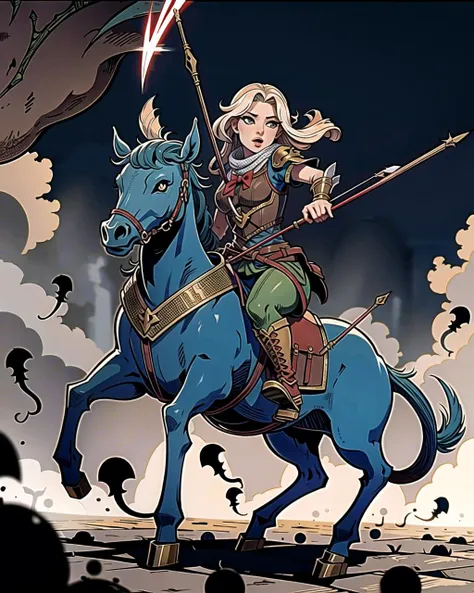 ((masterpiece), best quality, high quality, professional quality, highly detailed, highres, perfect lighting, natural lighting), female centaur, charging, bow and arrow drawn, in battle against monsters