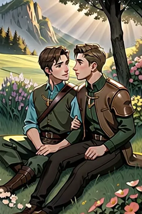 A perfect gay couple of lovers, 2boys, first man dark brown short hair and second man blond hair, dark brown eyes, sitting on the ground, romance fantasy , flowers, in the hillside
film grain, photorealsitic, soft light, exposure blend, medium shot, realistic illustration,