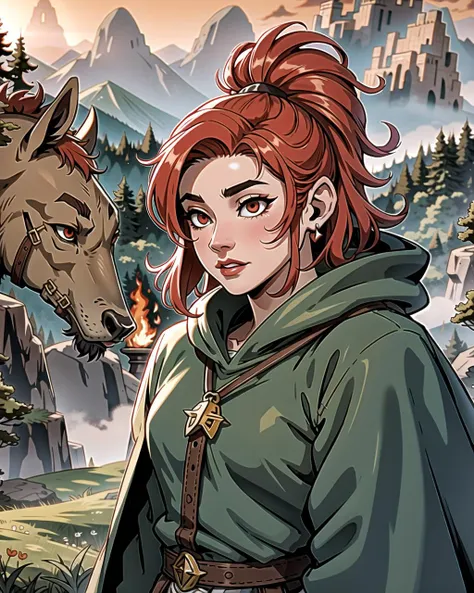 ((masterpiece), best quality, high quality, professional quality, highly detailed, highres, perfect lighting, natural lighting), middle earth, Druid protecting the forest from invaders, Warrior, Short, Fit, Oval Face, Dark Skin, Red Hair, amber Eyes, Narrow Nose, Full Lips, Sharp Chin, Horseshoe, Very Long, Mohawk, A sprawling dwarven city, carved deep into the heart of a mountain, Tolkien