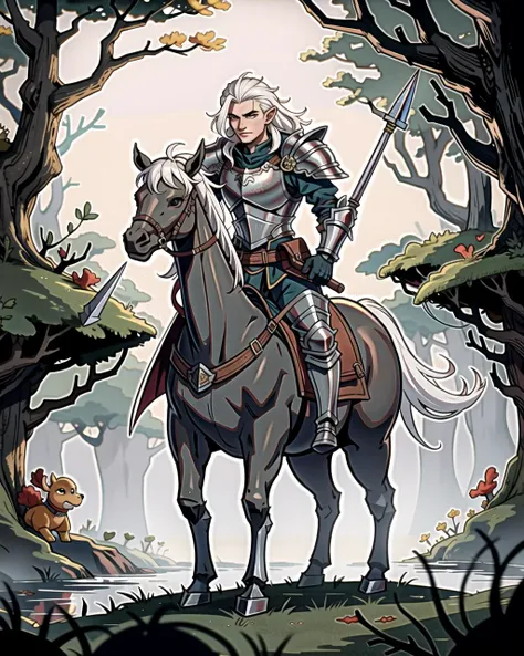 ((masterpiece), best quality, high quality, professional quality, highly detailed, highres, perfect lighting, natural lighting), middle earth, Knight Charging into battle on horseback, wielding a lance and clad in heavy armor, King, Average Height, Stocky, Diamond-Shaped Face, Dark Skin, White Hair, coral Eyes, Narrow Nose, Full Lips, Sharp Chin, Bandholz, Long, Faux Hawk, A dark, foreboding swamp, filled with twisted, gnarled trees and dangerous creatures, Tolkien