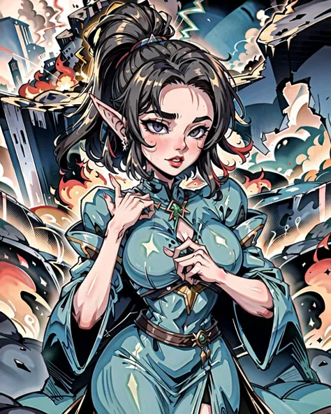 ((masterpiece), best quality, high quality, professional quality, highly detailed, highres, perfect lighting, natural lighting), middle earth, Sorcerer casting bolts of lightning from their fingertips, Emperor, Tall, Skinny, Diamond-Shaped Face, Olive Skin, Black Hair, silver Eyes, [[Curved Nose]], Thick Lips, Prominent Chin, Verdi, Buzz Cut, Pompadour, A volcanic wasteland, with rivers of fire flowing into a molten sea, Tolkien