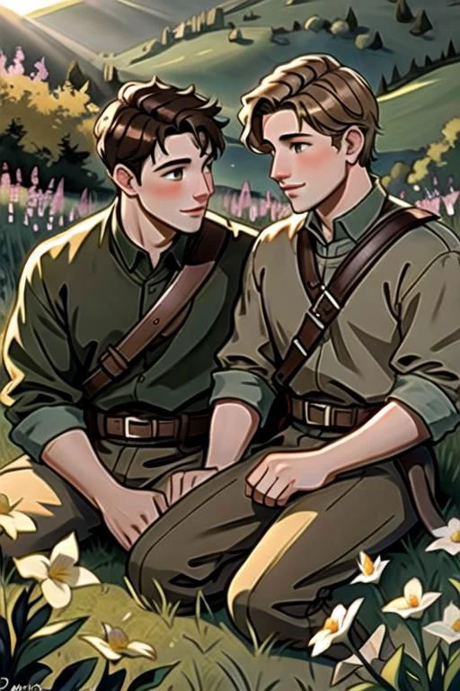 A perfect gay couple of lovers, 2boys, first man dark brown short hair and second man blond hair, dark brown eyes, sitting on the ground, romance fantasy movie, flowers, in the hillside
film grain, photorealsitic, soft light, exposure blend, medium shot, realistic illustration,