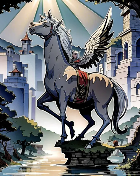 ((masterpiece), best quality, high quality, professional quality, highly detailed, highres, perfect lighting, natural lighting), pegasus, perching, through river