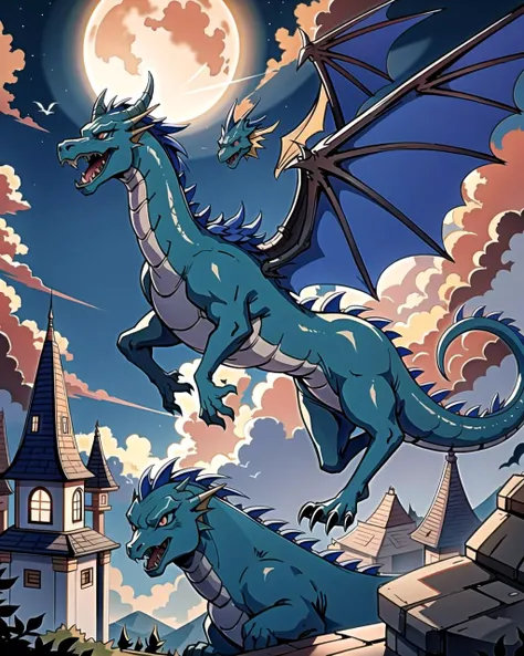 ((masterpiece), best quality, high quality, professional quality, highly detailed, highres, perfect lighting, natural lighting), blue dragon, flying in sky, clouds, night
