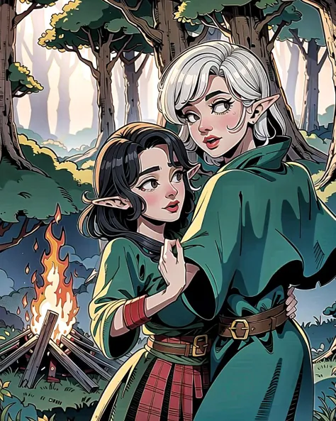 ((masterpiece), best quality, high quality, professional quality, highly detailed, highres, perfect lighting, natural lighting), group of elves, dancing, bonfire, in forest, surrounded by large trees