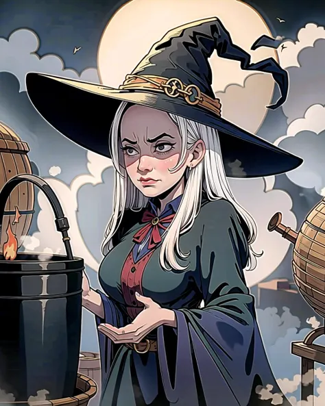 ((masterpiece), best quality, high quality, professional quality, highly detailed, highres, perfect lighting, natural lighting), beautiful witch, wearing witches robes, cacklingfrowning}, brewing over a cauldron