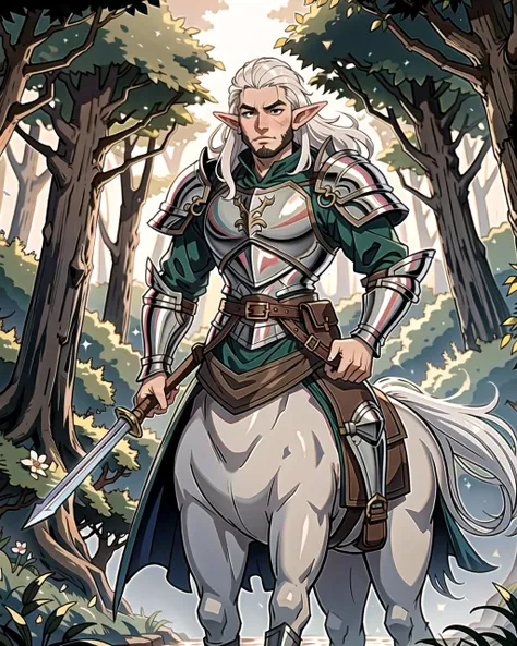 ((masterpiece), best quality, high quality, professional quality, highly detailed, highres, perfect lighting, natural lighting), middle earth, Knight Charging into battle on horseback, wielding a lance and clad in heavy armor, Duke, Tall, Ripped, Round Face, Tan Skin, White Hair, Brown Eyes, Narrow Nose, Pouty Lips, Sharp Chin, Friendly Mutton Chops, Crew Cut, Afro, A lush elven forest, filled with towering trees and sparkling streams, Tolkien