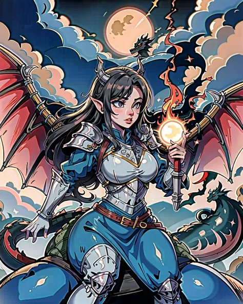 ((masterpiece), best quality, high quality, professional quality, highly detailed, highres, perfect lighting, natural lighting), blue dragon, (1girl, wearing armor, sitting on dragon, dragon rider, holding weapon), flying, flames, magic, clouds, sun in background