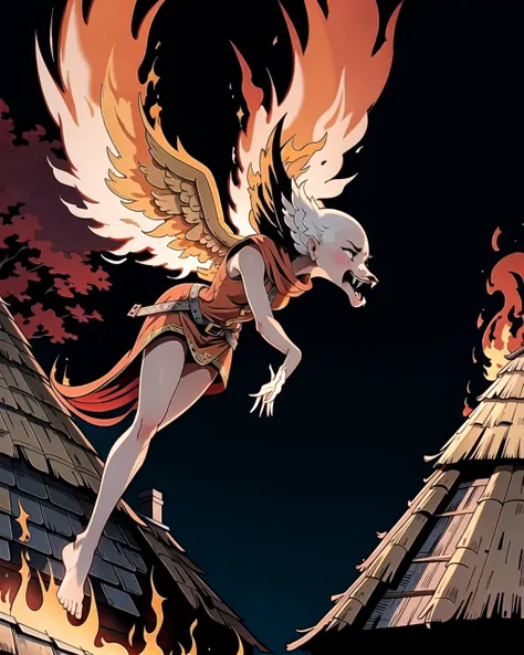 ((masterpiece), best quality, high quality, professional quality, highly detailed, highres, perfect lighting, natural lighting), phoenix, bursting into flames, taking flight from thatched roof