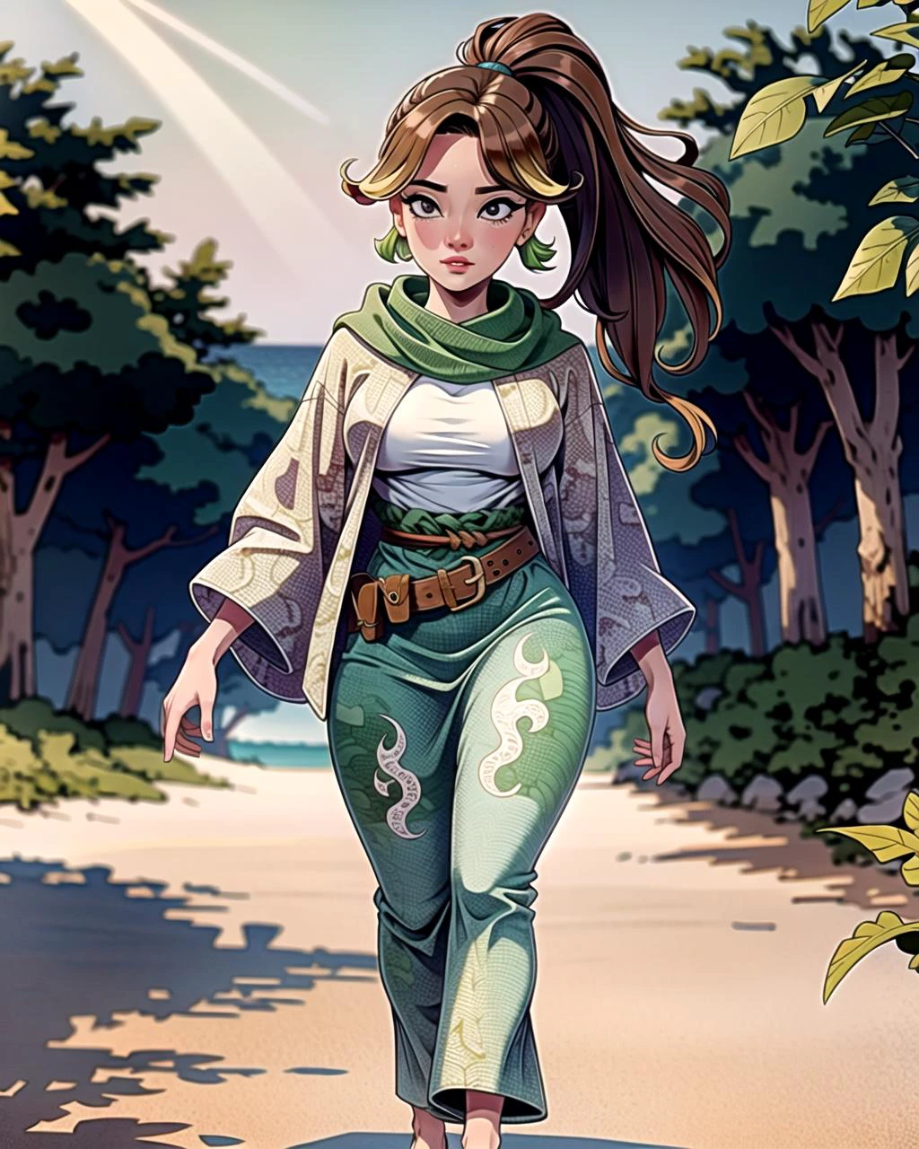 ((masterpiece), best quality, high quality, professional quality , highly detailed, highres, perfect lighting, natural lighting),, (1girl, beautiful, medium breasts, (multicolored hair, green hair,brown hair,blonde hair, long hair, high ponytail), perfecteyes eyes), (wearing snakeskin print|leaf print, extremelyBeautiful_beautifulclotheswild/Extremely beautiful clothes), on the beach, walking the boardwalk, <lyco:locon_perfecteyes_v1_from_v1_64_32:0.6>