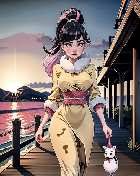 ((masterpiece), best quality, high quality, professional quality , highly detailed, highres, perfect lighting, natural lighting),, (1girl, beautiful, medium breasts, (multicolored hair, black hair,silver hair,pink hair, long hair, high ponytail), perfecteyes eyes), (wearing giraffe print|fur texture print, extremelyBeautiful_beautifulclotheswild/Extremely beautiful clothes), on the beach, walking the boardwalk, <lyco:locon_perfecteyes_v1_from_v1_64_32:0.6>
